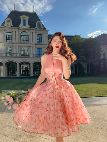 Pink Vintage A Line Halter Print Floral Chiffon Short Homecoming Dress Outfits HZ1023